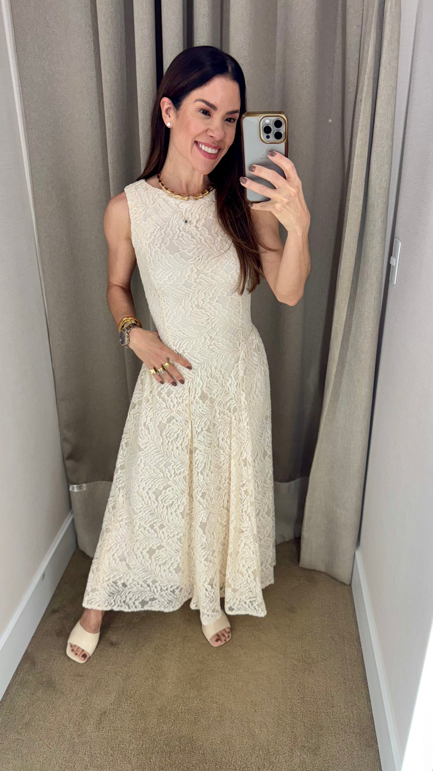 VESTIDO MÍDI RENDADO - OFF WHITE