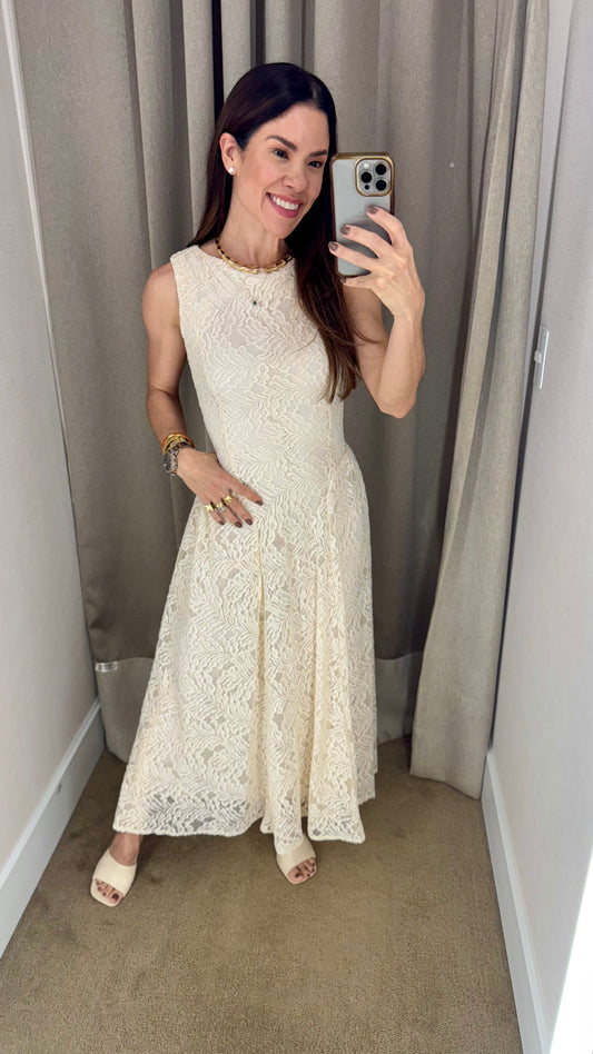 VESTIDO MÍDI RENDADO - OFF WHITE