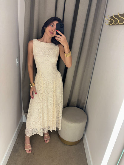 VESTIDO MÍDI RENDADO - OFF WHITE