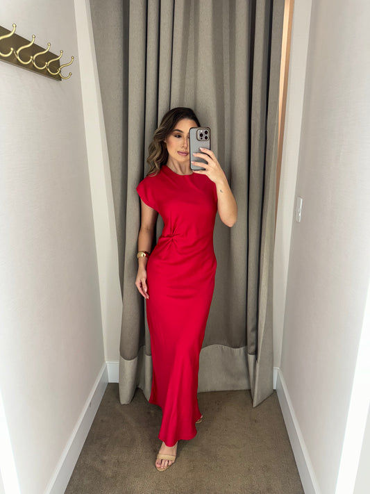 VESTIDO LONGO VERMELHO COM DETALHE TORCIDO NA CINTURA