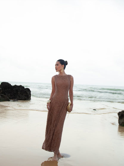 VESTIDO MÍDI RENDADO - MARROM